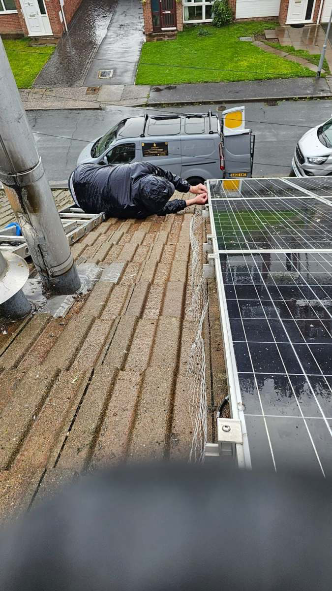 Roofer installing pigeon-proof mesh around a roof solar array