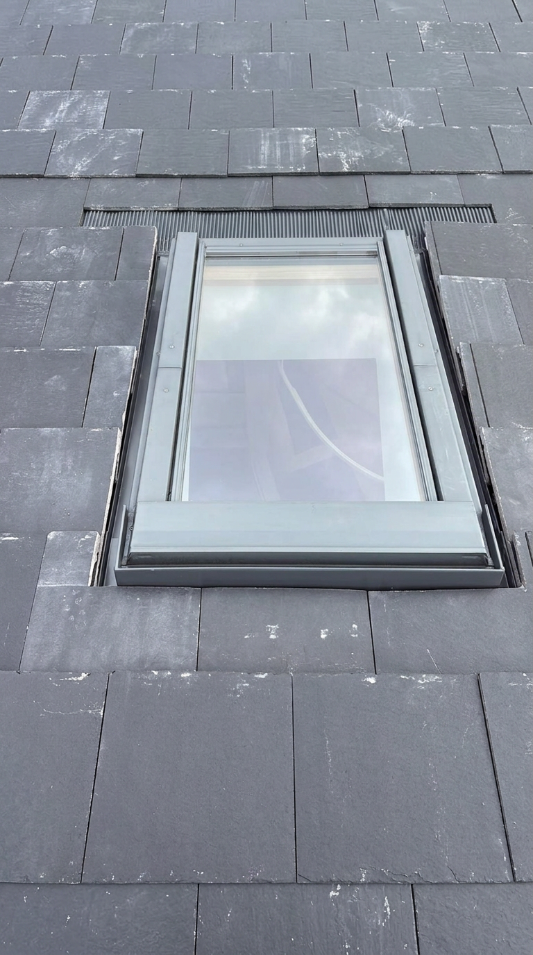 Roofer fitting a new skylight into a natural slate re-roof by GS Roofs Ltd