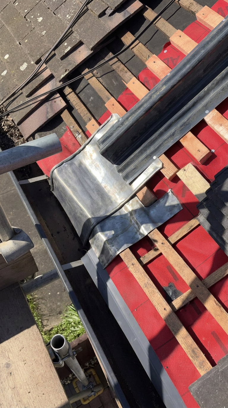 Owner Lee Grove lead-welding a chimney flashing on a Staffordshire roof — every piece of leadwork done personally