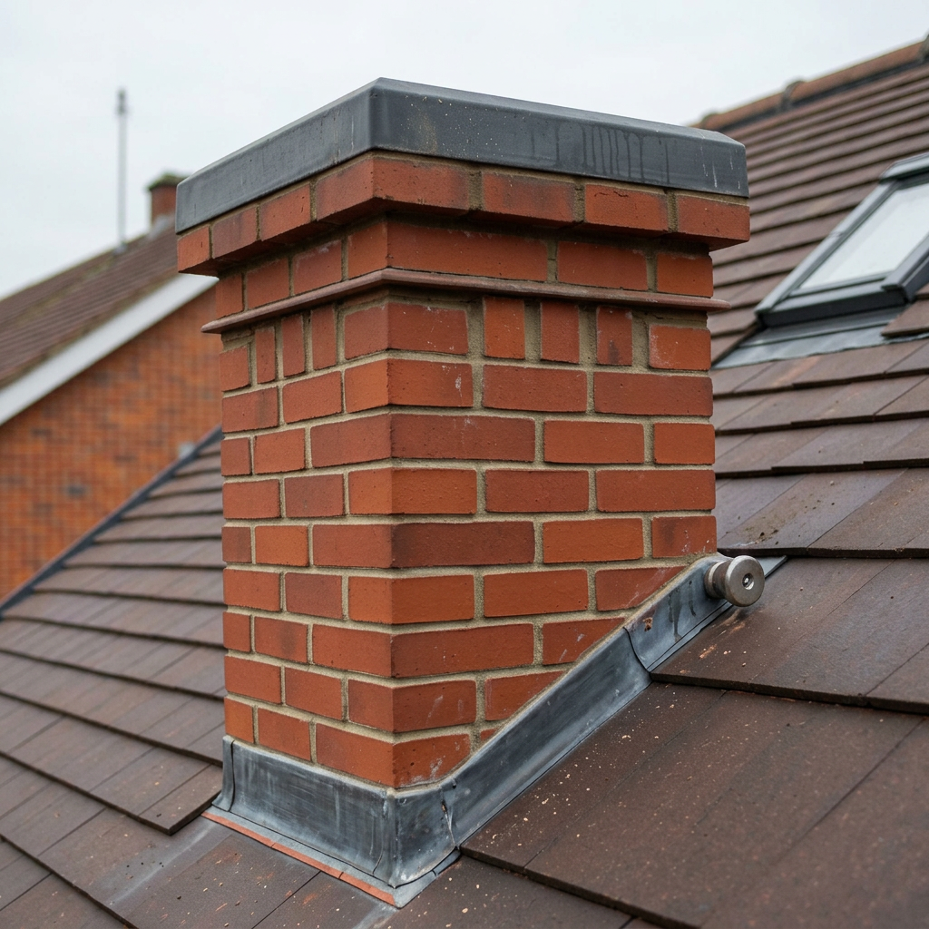 Repointed brick chimney stack with new lead flashing on a UK roof