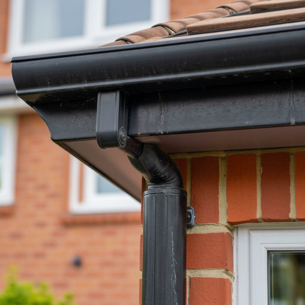 Clean black UPVC guttering and downpipe on a UK red brick home